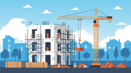 Contemporary urban construction site vector illustration, showcasing a large crane and building development. This vibrant image represents city growth and progress © Vector