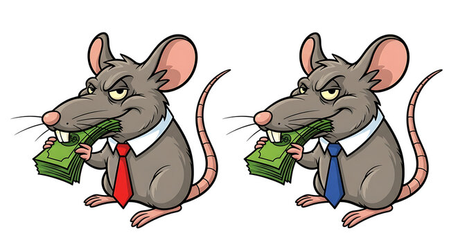 A pair of cartoon greedy rats in suits devouring stacks of money, symbolizing financial corruption and unethical business practices