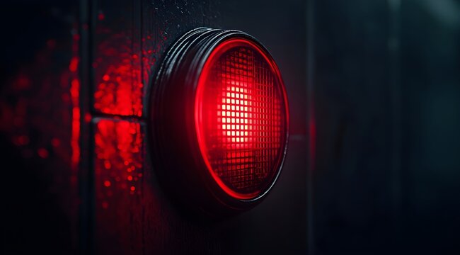 Close up of a red light from a flashing siren on a building wall. Emergency alert system for alarm, warning, incident, safety.