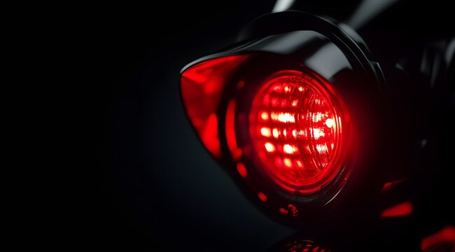 Close up of a red tail light of a bike or motorcycle on a dark background. Safety signal for transportation and road safety concept.