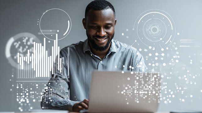 Data Analytics concept, Data Annotation, Data Analysis, Smile businessman use laptop analyzing data for competitor benchmarking and market positioning