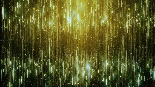Seamless loop animation of golden digital rain and glowing particles, creating a futuristic sparkling backdrop ideal for tech and celebration projects.


