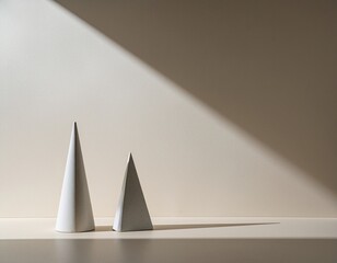 Minimalist architectural composition featuring two speckled concrete cones of different heights placed on a neutral surface under dramatic diagonal sunlight and shadows