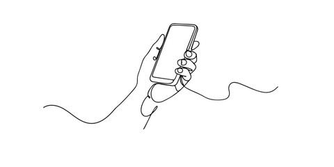 Single line style illustration of a hand holding a smartphone. Minimalist line art representing mobile technology, communication, and modern digital lifestyle. © bakul garis