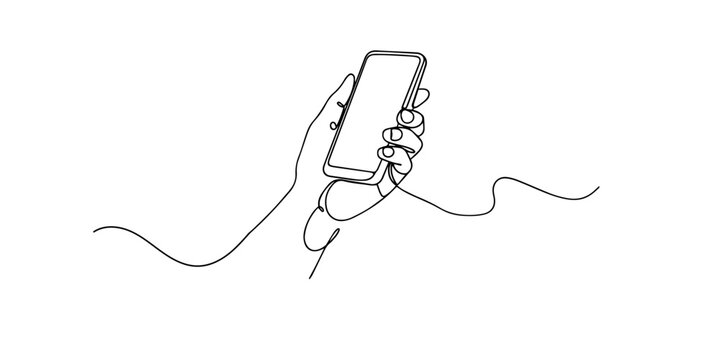 Single line style illustration of a hand holding a smartphone. Minimalist line art representing mobile technology, communication, and modern digital lifestyle.