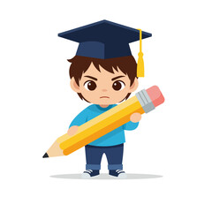 Serious little boy in graduation cap holding big writing pencil flat design vector empty state ui illustration