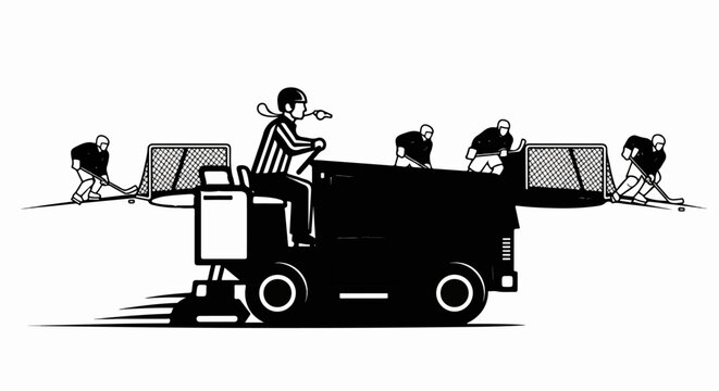 Ice resurfacer, referee, players and nets on hockey rink