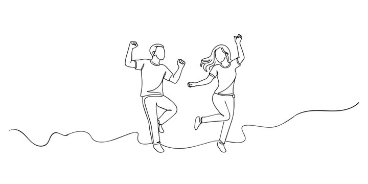 Single line style illustration of a man and woman dancing together. Minimalist line art representing joy, movement, celebration, and happy lifestyle.