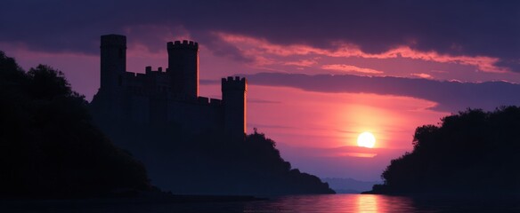 Obraz premium Majestic castle towers soar against a vibrant fantasy sunset sky.