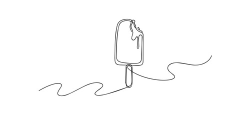 Fototapeta premium Line art illustration of a melting popsicle on a stick. Hand drawn continuous line representing frozen dessert, summer refreshment, and simple sweet treat.