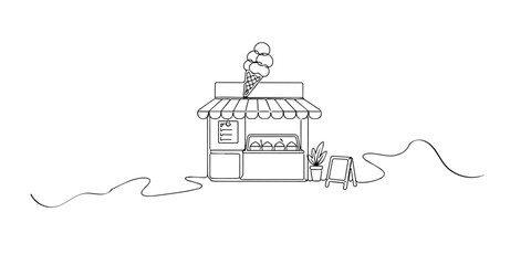Line art illustration of a small ice cream shop with awning and display. Hand drawn continuous line representing dessert store, street food, and sweet business concept. © bakul garis