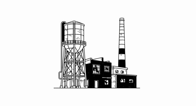 Illustration of an old industrial factory with a water tower and smokestack
