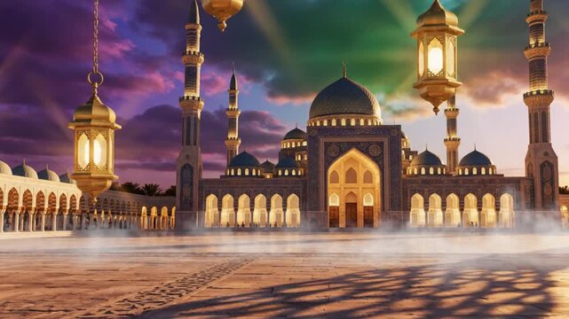 luxury cinematic ramadan backdrop sweeping camera over intricate arabesque patterns illuminated