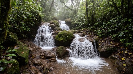 rainforest with waterfalls and mist, energetic living natural environment scene