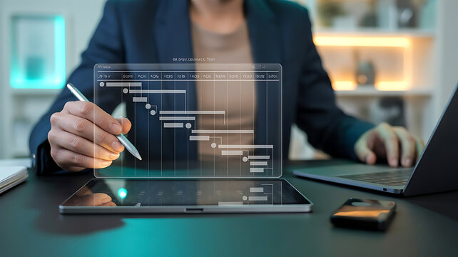 Woman interacts with holographic digital interface projected from laptop. Virtual documents float in transparent display. Modern technology enables paperless workflow, created with generative ai