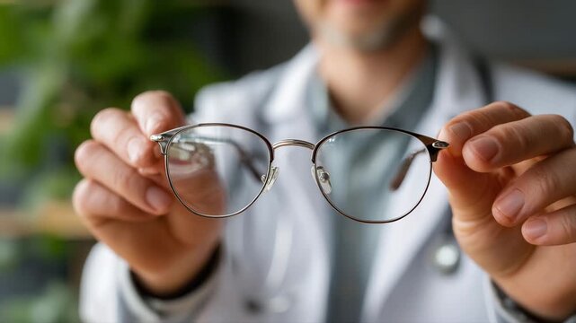Doctor presenting eyeglasses in medical setting with white coat