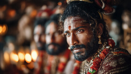 Fototapeta premium Medium shot of Hindu men during religious moment with prayer beads flowers and warm flickering temple light