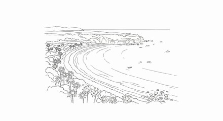 Obraz premium Line drawing of a serene coastal bay with palm trees and cliffs