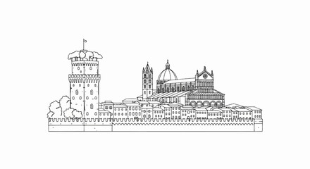 Fototapeta premium Line drawing of an Italian cityscape featuring a tall tower and a domed cathedral