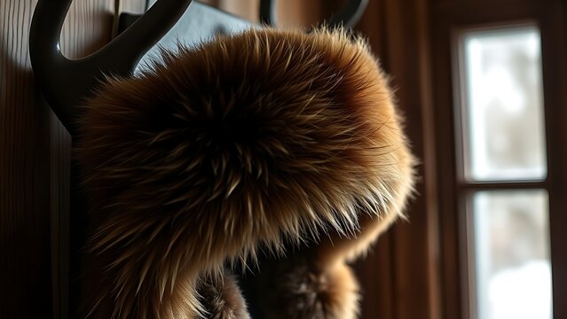 Deep brown bearskin ushanka hat resting on a dark wooden coat rack. wildlife magazines, conservation campaigns, designed for wildlife conservation campaigns and eco-tourism storytelling.