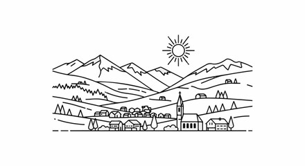 Naklejka premium Minimalist line art depicts a sunny rural village nestled among rolling hills and mountains