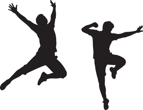 Two black silhouettes of men jumping on white background also transparent background