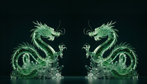 two green crystal of dragon statue on black background,fantasy,culture,religion,