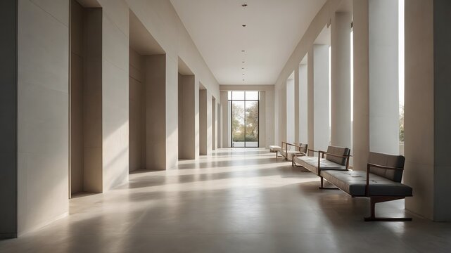 Pasillo minimalista con columnas y bancos modernos en edificio contempor&aacute;neo luminoso