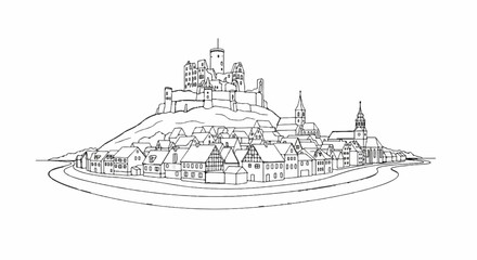 Fototapeta premium Old town with castle on hill overlooking river and churches