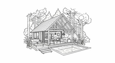 Modern cabin with open living space, pool, and surrounding trees