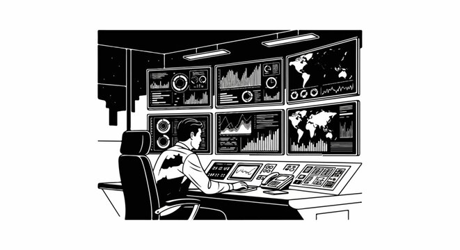 Operator at a control desk monitors multiple screens displaying data, charts, and world maps