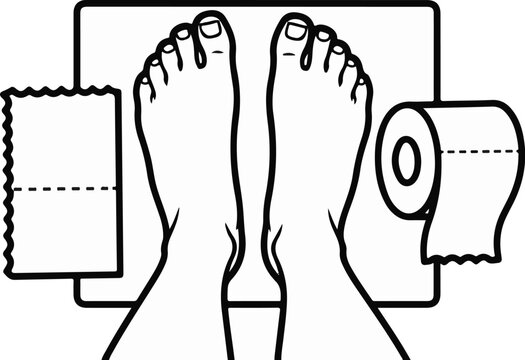 Line art of feet standing on scale with toilet paper rolls on either side