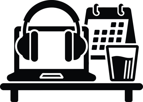 Workspace icon featuring a laptop with headphones a calendar and a drink glass on a desk for remote work and online education concepts.