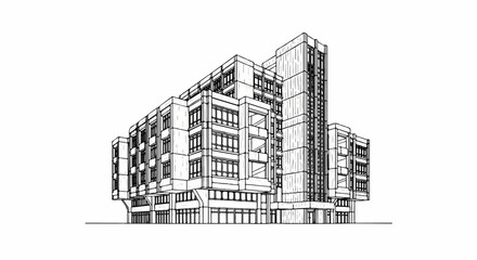 Line drawing of a modern multi-story building with varied architectural sections
