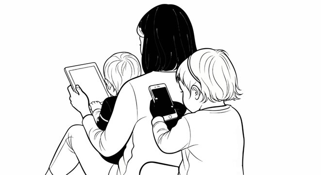 Mother and children focused on their own digital devices, a scene of modern distraction