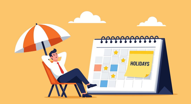 Vector illustration of a relaxed businessman in a white shirt and red tie, sitting under an orange and white striped umbrella next to a desk calendar with 'HOLIDAYS' sticky note
