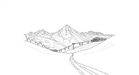 Mountainous ski resort scene with cable cars, a building, and a snowy path © Kanan