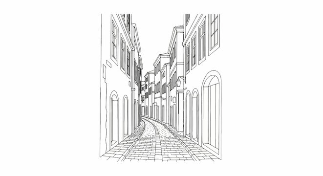Narrow cobbled street with arched doorways and tall buildings