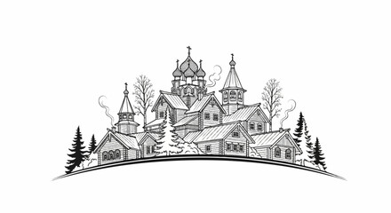Fototapeta premium Rustic village with domed church and wooden houses in winter