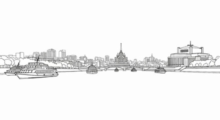 Fototapeta premium Panoramic sketch of a city skyline with a river and several boats