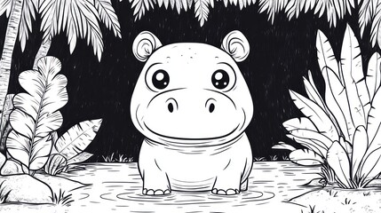 Cute hippo in jungle scene coloring page