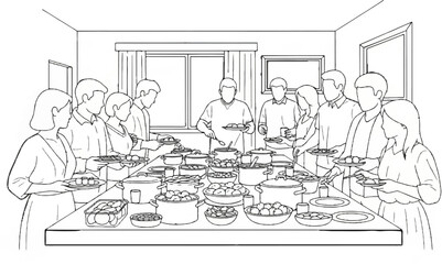 People gather around a long table laden with dishes for a celebratory feast