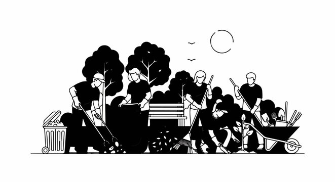 People cleaning a park by raking and collecting debris into bins and wheelbarrows