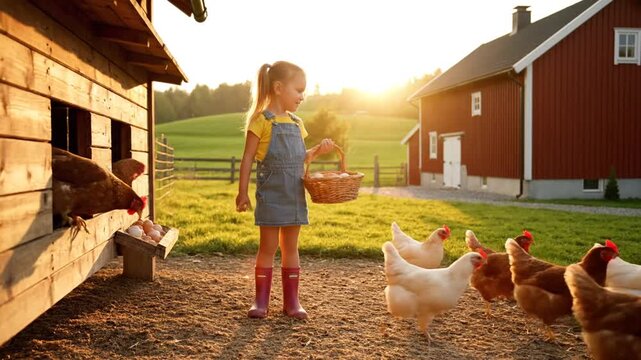 A young girl stands beside a rustic wooden coop feeding chickens in a sunny farm yard with green grass and red barns.