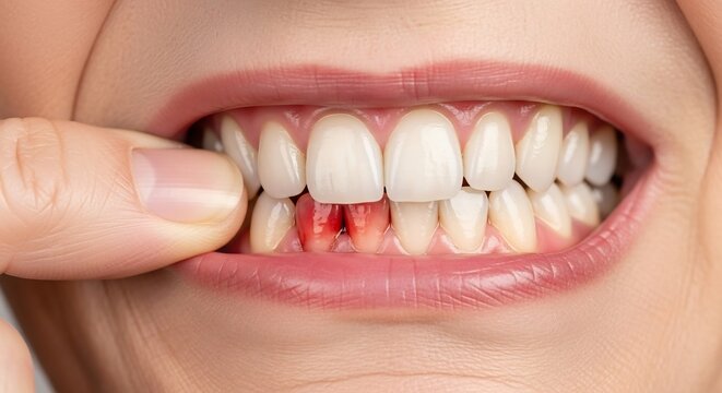 close up of person showing bleeding gums and white teeth