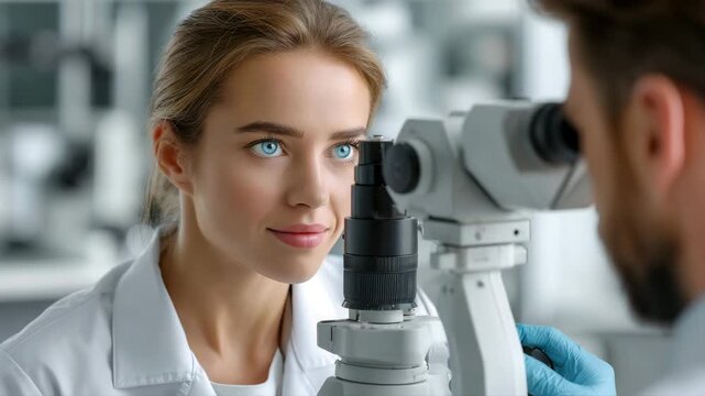 Smiling young woman getting eye exam with optometrist