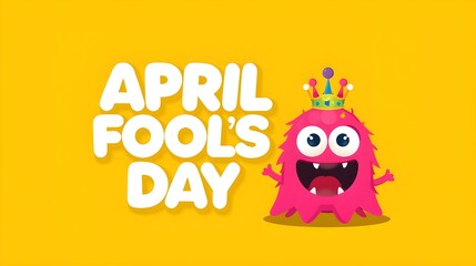 April Fools day funky horizontal banner with silly pink clown monster character isolated on orange background. 1 st april fool day banner, poster, label, flyer and greeting card. Fool day print