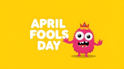 April Fools day funky horizontal banner with silly pink clown monster character isolated on orange background. 1 st april fool day banner, poster, label, flyer and greeting card. Fool day print