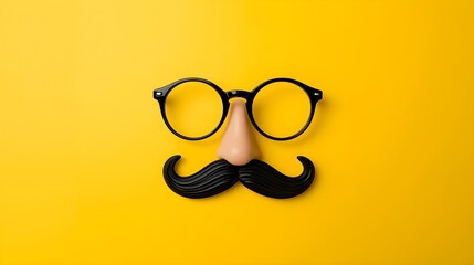 Top view of a nose and mustache glasses isolated on yellow background with copyspace