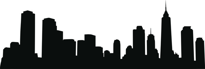 Obraz premium Black city skyline silhouette with modern skyscrapers and high-rise buildings isolated on white background, panoramic downtown cityscape outline, minimal urban architecture vector illustration.